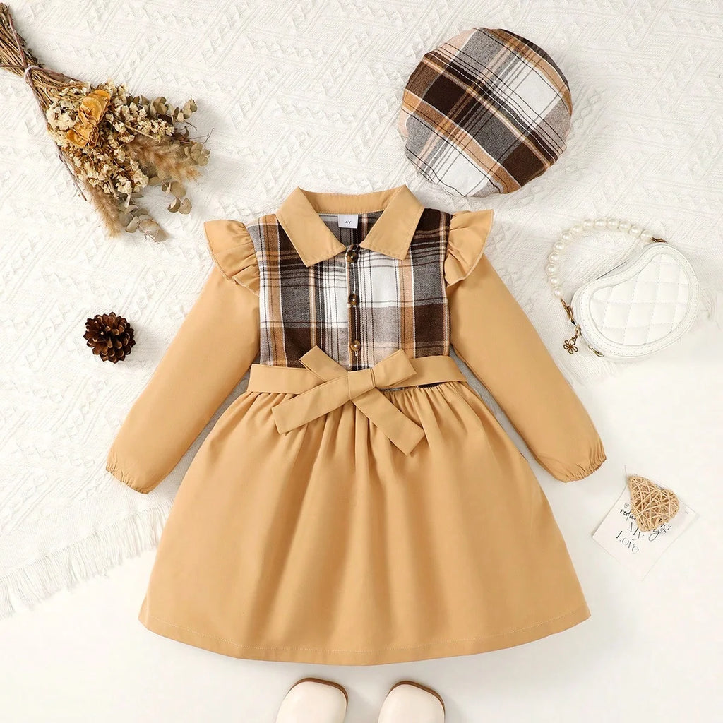 4-7 Years Girls Dress Lapel plaid splice Long Sleeve Fashion Dress + Belt + Hat 3Pcs Spring Autumn Girls Temperament Dress