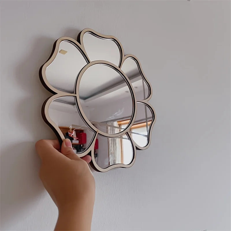 Ins Nordic Style New Small Daisy Mirror for Home Bedroom Wall Decoration, Exclusive Decorative Mirror for Girls' Rooms, Easy to Hang on the Wall, No-Drill Mirror.