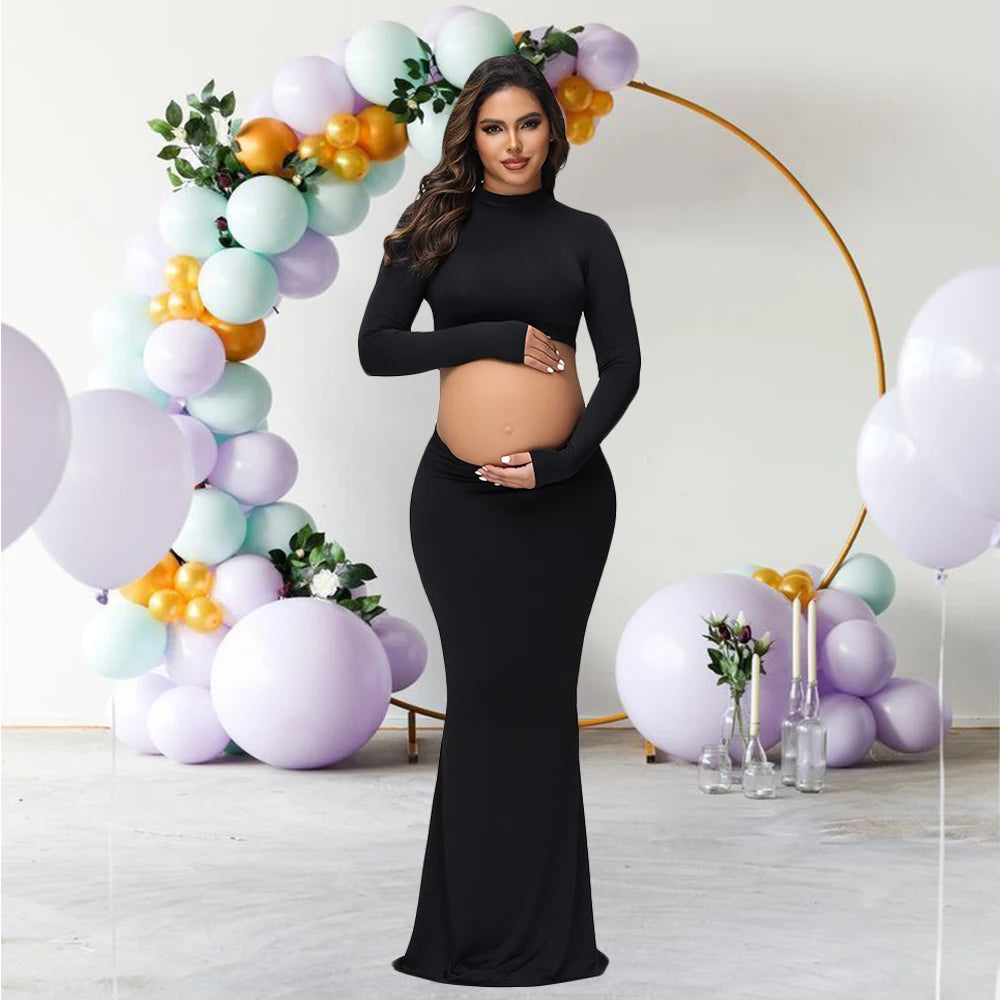 Maternity Mock Neck Long Sleeve Top Slim Maxi Skirt 2 Pcs Set Photoshoot Outfit  Wedding Party Pregnant Clothes