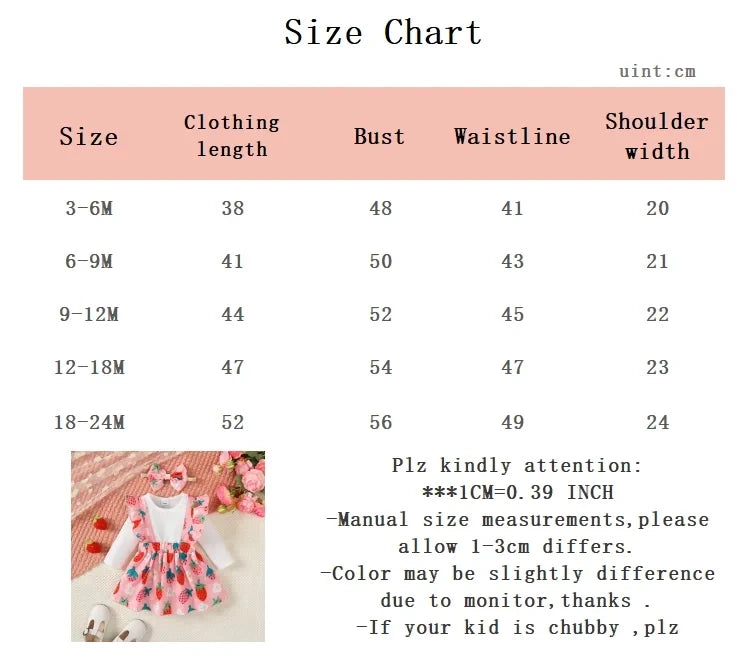 2Pc/Set Baby girl Dress  Ruffled Strawberry Print long sleeved Dress suitable Cute Baby girl 0-24 Months Spring and autumn Dress