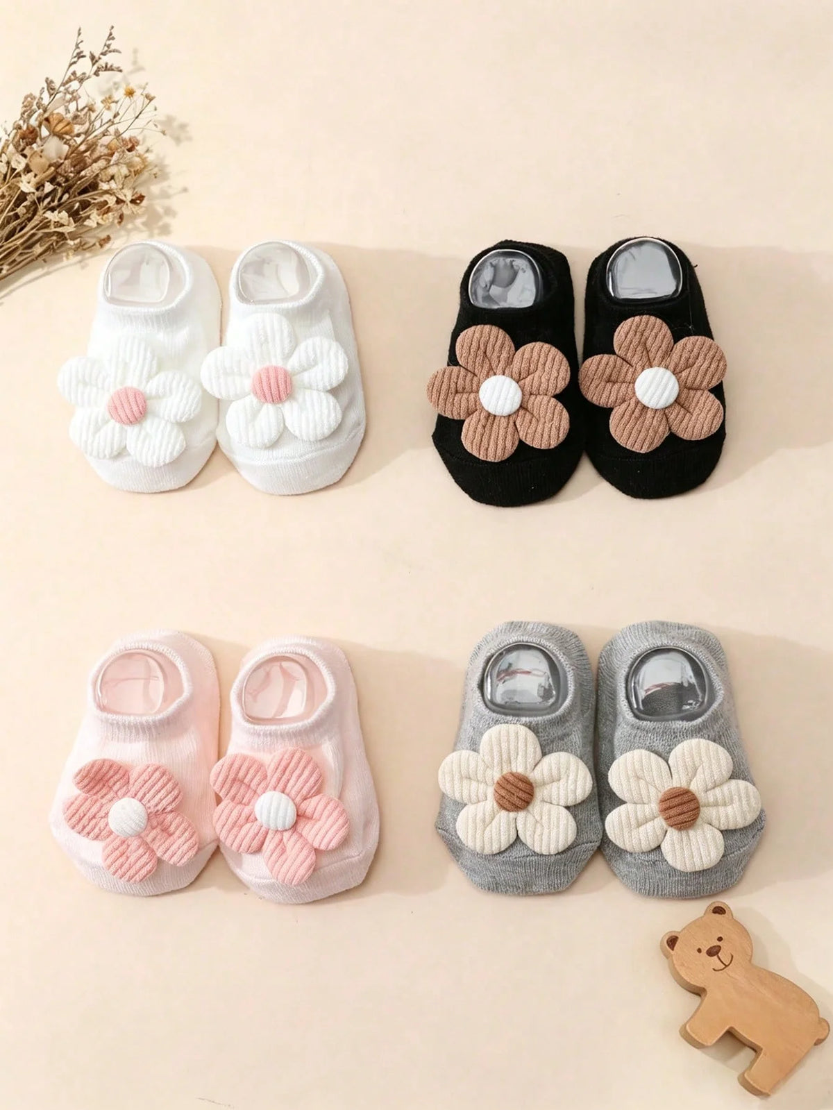4 Pairs of Baby Girl's Cute Ladylike Flower Decorated Short Socks Solid Color Anti-Slip Bottom Boat Socks Four Seasons Versatile