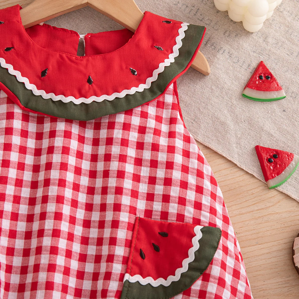 Baby Girl Dress Summer Cotton Solid Color Grid Watermelon Round Neck Sleeveless Girl Dress Cartoon Cute Beach Baby Girl Clothing
