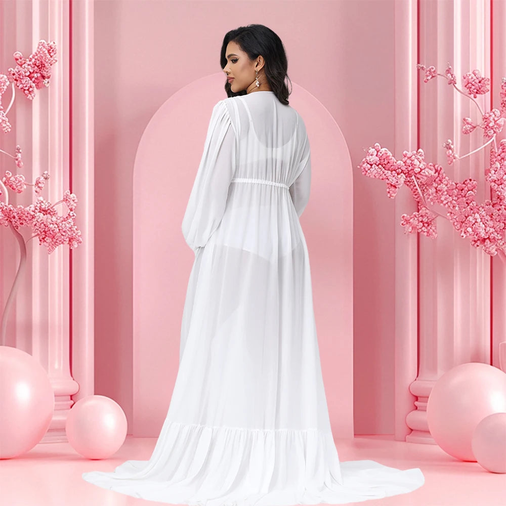 Maternity Chiffon V-neck Lantern Sleeves Slit Robe for Baby Shower Maxi Gown Photography Dress