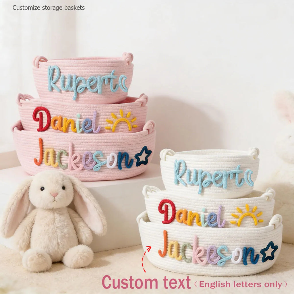 Personalized Woven Storage Basket with Letter – Custom Star Sun Moon Gift Basket