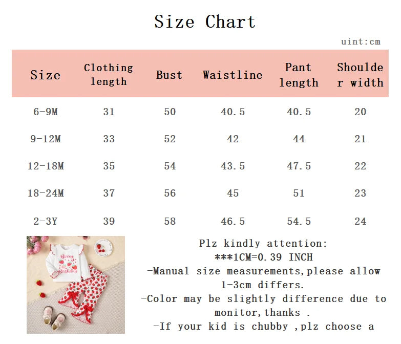 Baby Girl Set Strawberry Printed Long Sleeve+Bellbottom Pants Fashion Set for 0-3 Year Female Baby Spring Autumn Leisure Set
