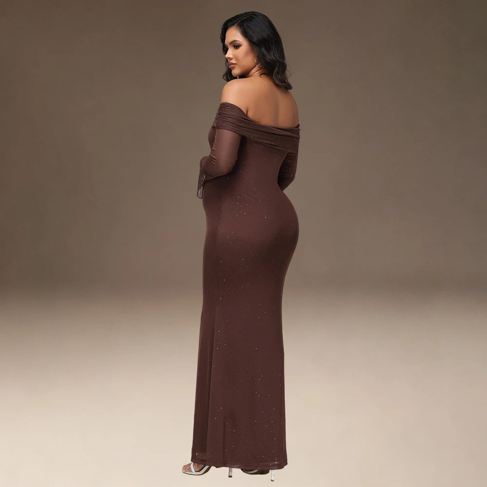 Maternity Off Shoulder Bell Sleeve Sequin Mesh Long Dress Party Elegant Bodycon Gown for Photoshoot Baby Shower