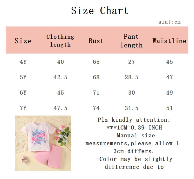 2Pcs Girls' Summer Set tie dye Teddy Bear Short sleeved+Stretch shorts Set for 4-7 Year Girls' Casual Set Children's clothing