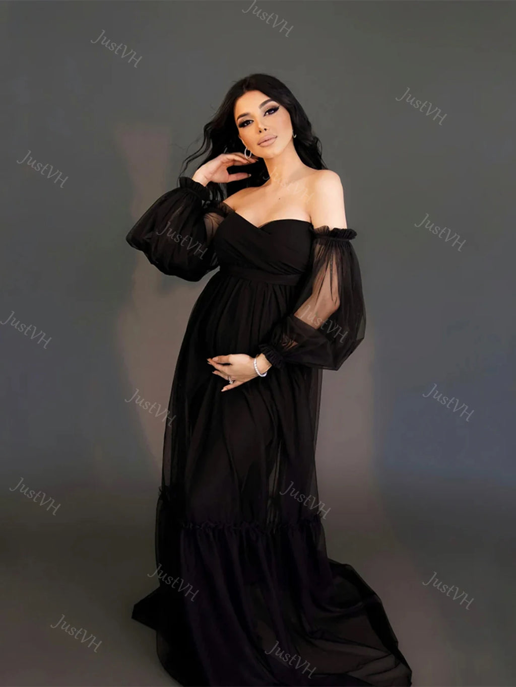 Women's Maternity Sweetheart Puff Sleeve Baby Shower Dress for Photoshoot Pregnant Tull Photography Party Gown