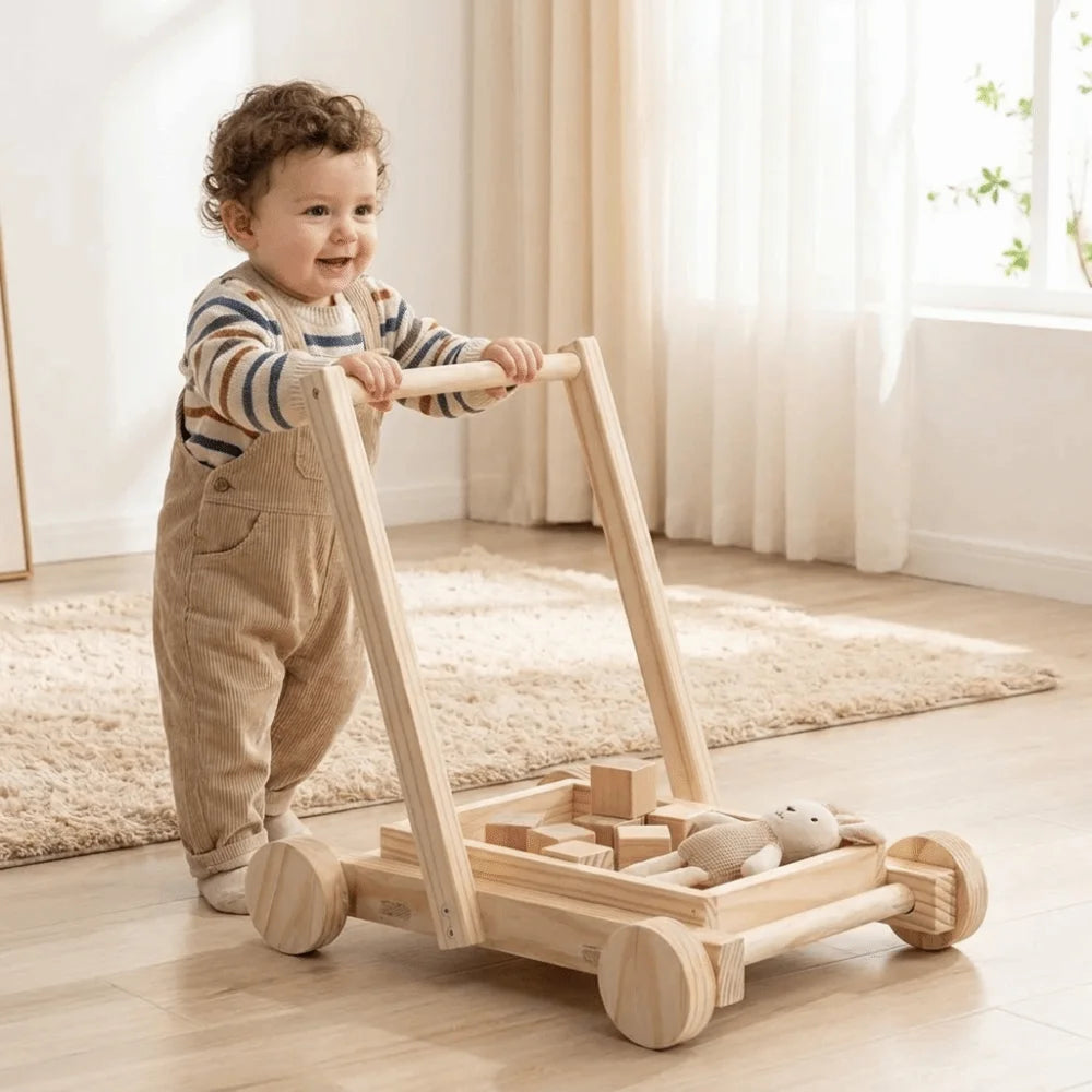 Adjustable Speed Height No-Knot Wood Baby Walker Wheeled Push-Pull Durable Baby Walking Trainer Safe Sturdy Non-Toxic