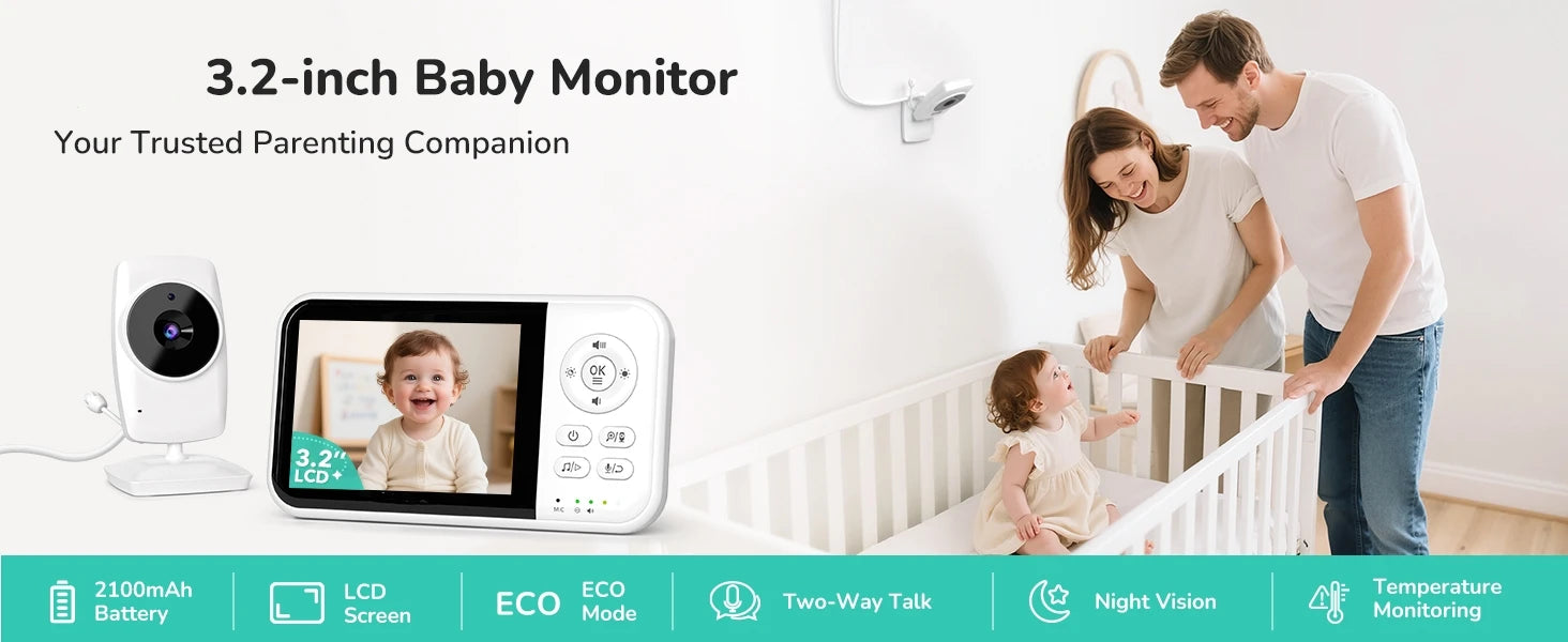 Baby Monitor with Camera and Night Vision 3.2 Inch Screen 2-Way Audio Temperature Sensor 2X Zoom Lullabies Feeding Reminder 22H
