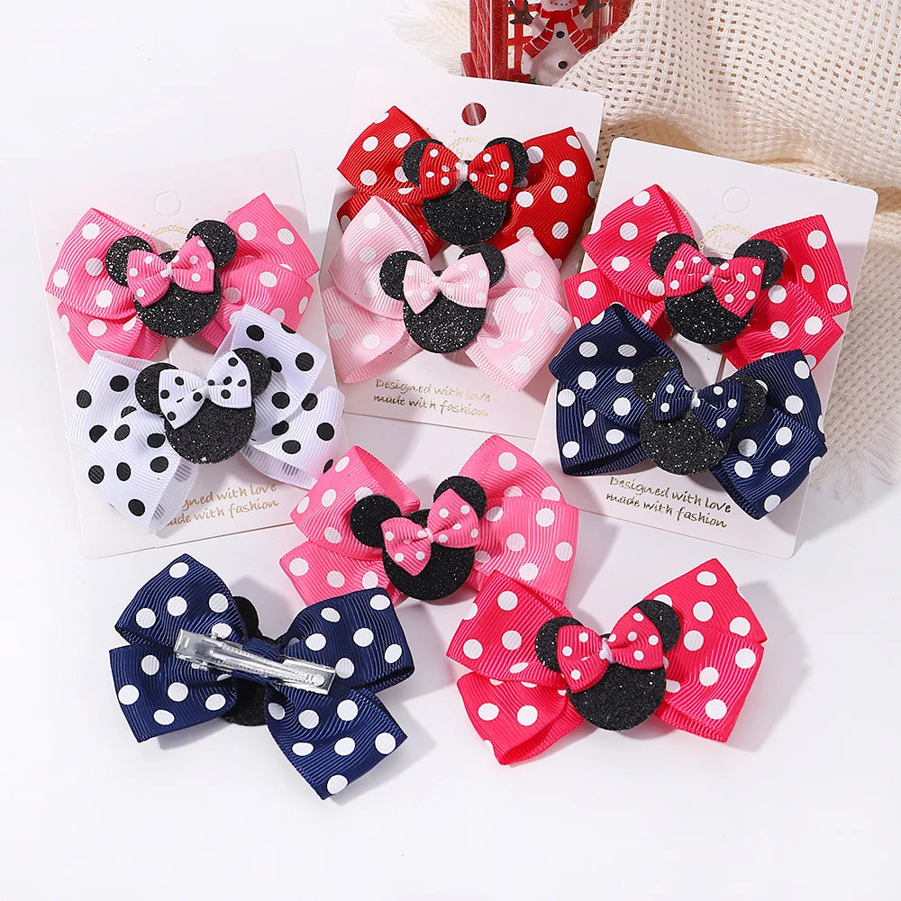 2/4Pcs Cute Bows Hair Clip for Children Boutique Cartoon Headdress Classic Woven Ribbon Polka Dot Pattern Kids Hair Clip