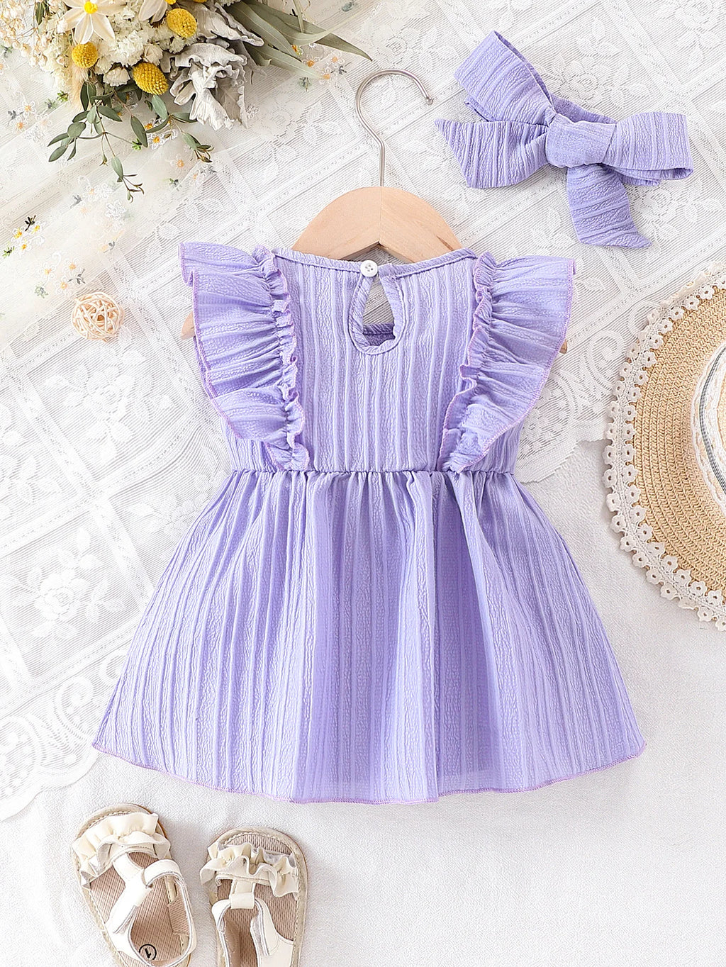 0-24 Months Cute Baby Girl Summer Dress Purple Ruffle Bow Princess Skirt+Headband 2Pcs Baby Clothing