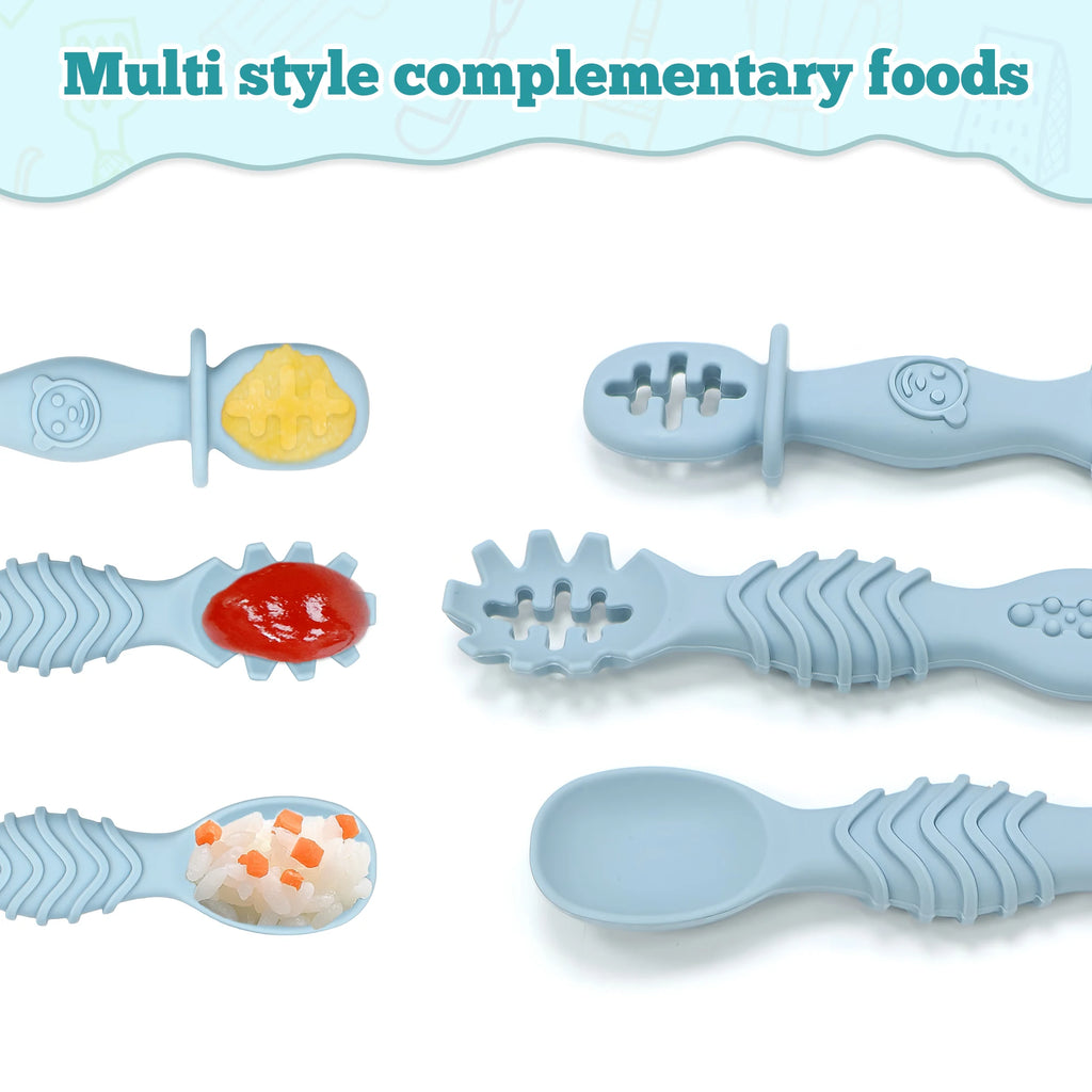 5-piece self-feeding silicone spoon with choking barrier - Baby spoon feeding set, suitable for home and travel, baby weaning