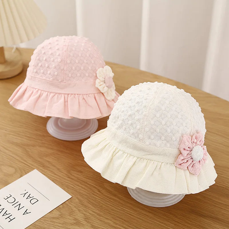 Lace Ruffle Baby Bucket Hats Flower Princess Girl Sunscreen Fisherman Cap Summer Thin Cotton Newborn UV Protection Sun Hat 3-18M