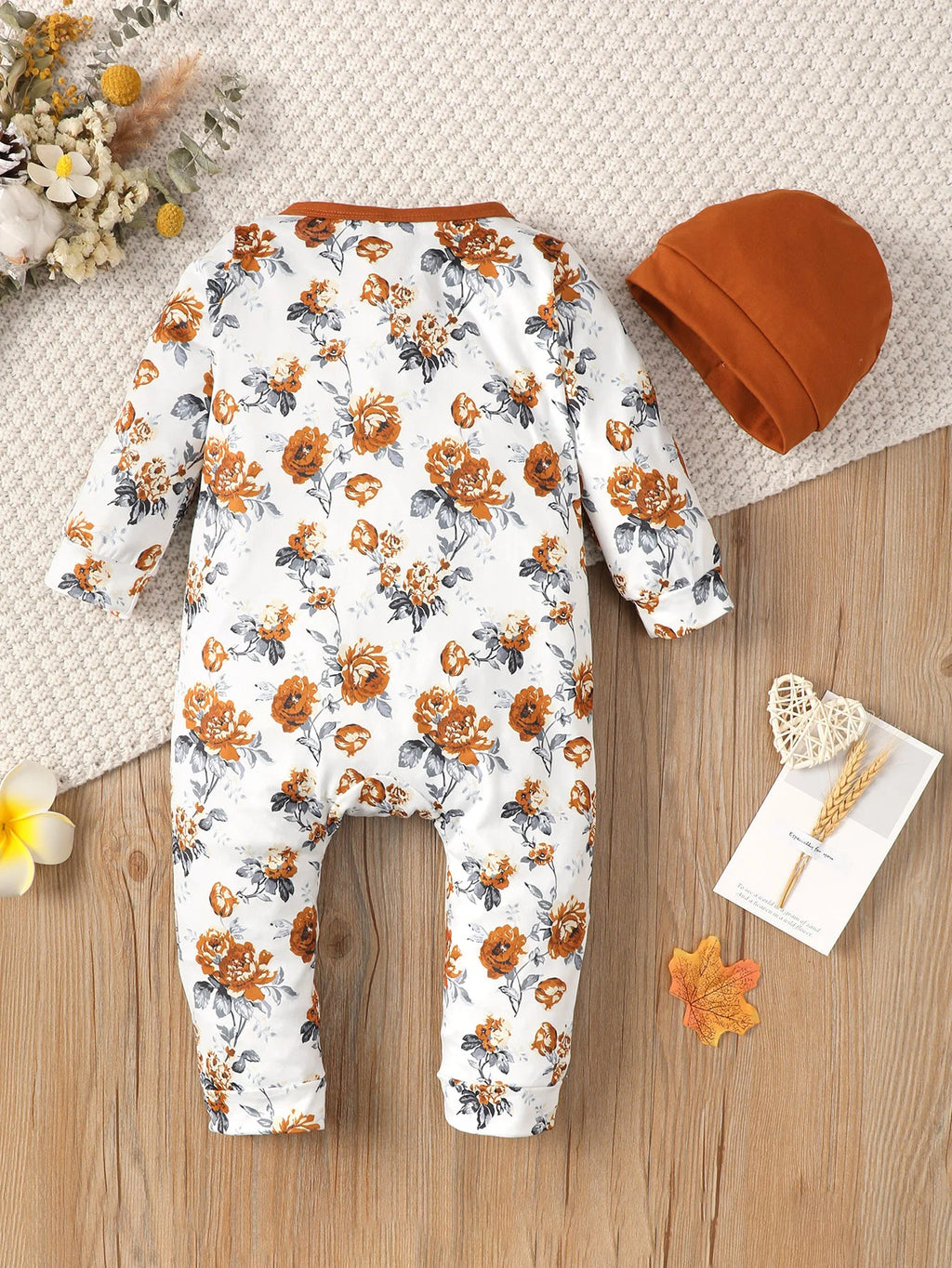 Baby girl Bodysuit open button floral full print long sleeved Bodysuit+Hat 0-24 months newborn Baby girl spring autumn Bodysuit