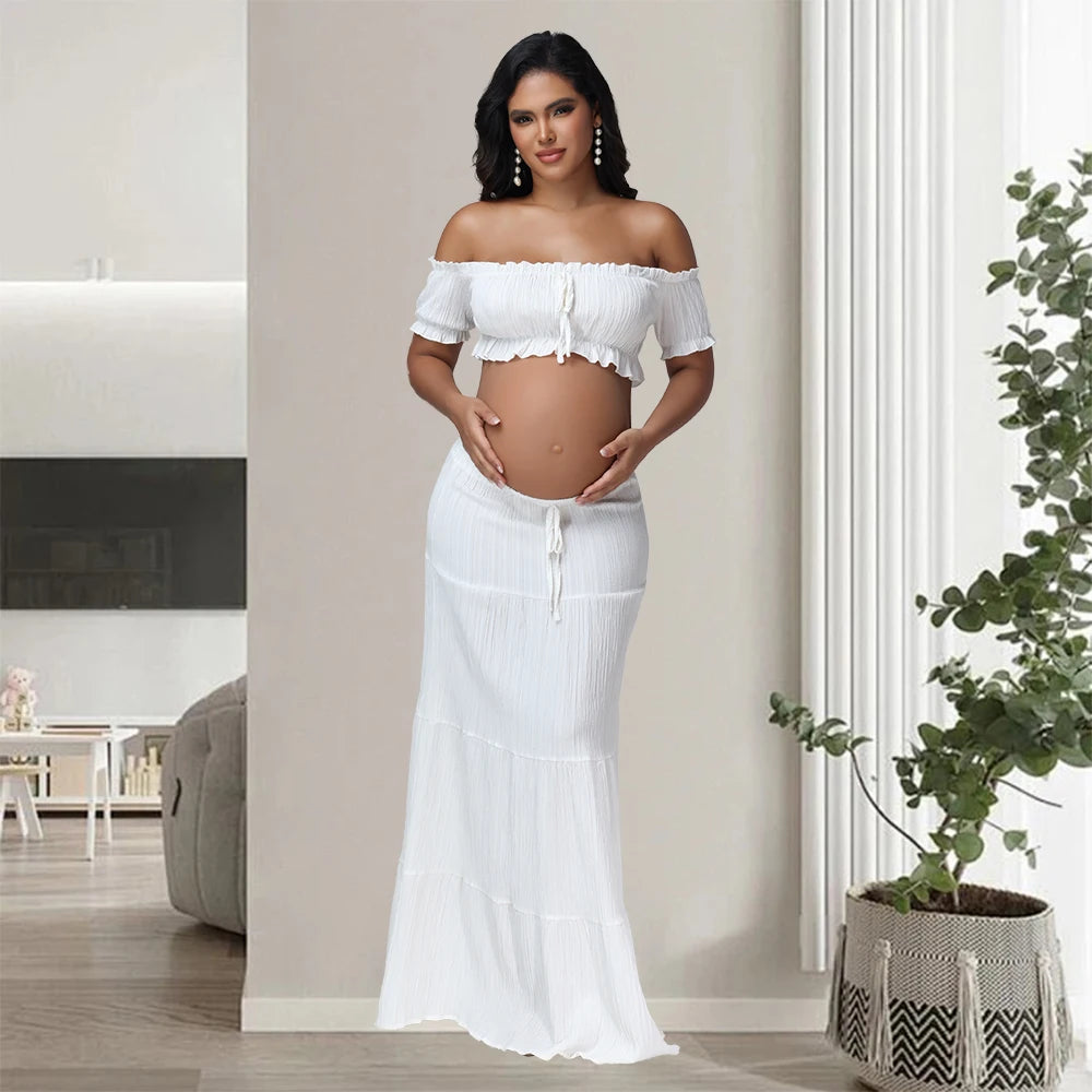 Maternity Photography Dress Sets 2Pc Sexy Ruffles Short Sleeves Tube Top T-shirt and Skirt Outfit for Photoshoot Baby Shower
