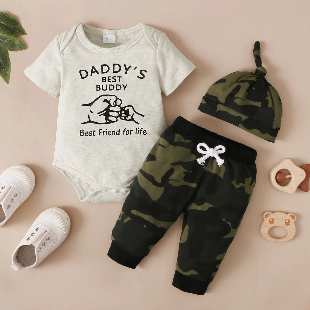 Newborn Baby Boy Set Daddy Baby Letter Printed Camouflage Pants and Hats 3Pcs/Set for 0-18 Months Boys Summer Camouflage Set