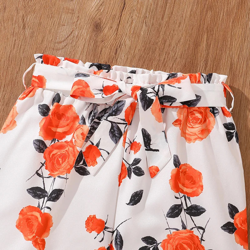 Kids Clothing Sets Tween Girls Outfit Orange Knot-Hem Crop-Top & Flowers Parinted Shorts 2PCS Summer Vacation Sets