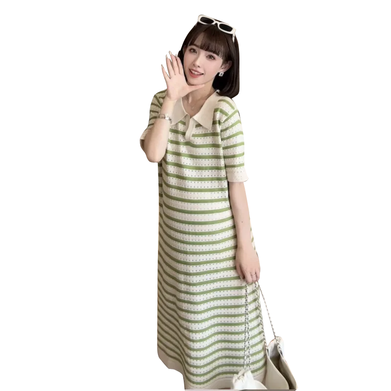 Summer Postpartum Woman Breastfeeding Dresses Short Sleeve Turn-down Collar Hollow Out Striped Maternity Straight Nursing Dress