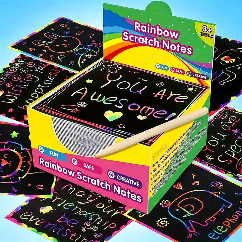 50/100 Rainbow Scratch Art Notes - Magic Scratch Paper Note Cards Handmade DIY Party Favors Suitable for Birthday, Halloween, Christmas Stocking Stuffers, Gift Boxes, Thanksgiving, and New Year Gifts