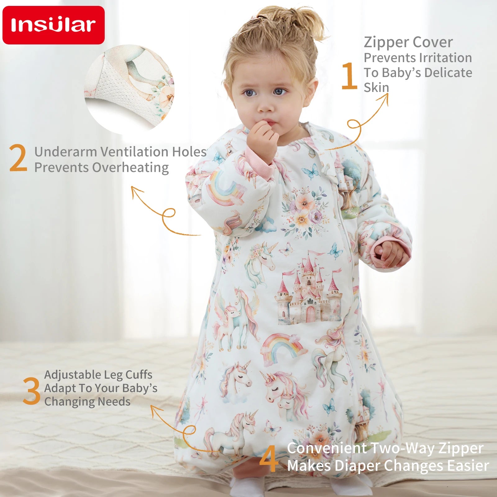 INSULAR Baby Cartoon Split-Leg Sleep Sack with Detachable Sleeves, 100% Cotton Thickened Winter & Autumn Toddler Sleeping Bag