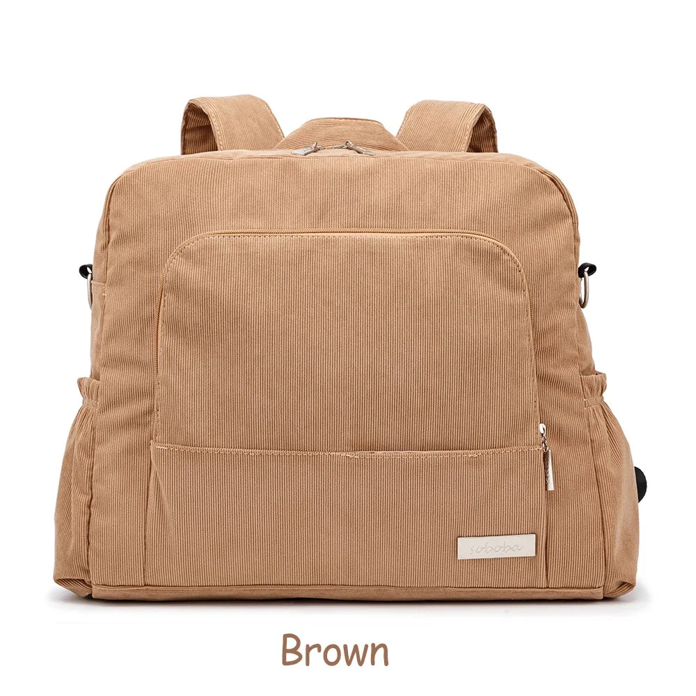 Soboba Corduroy Fabric Diaper Backpack for Moms with Large Capacity and Practical Design