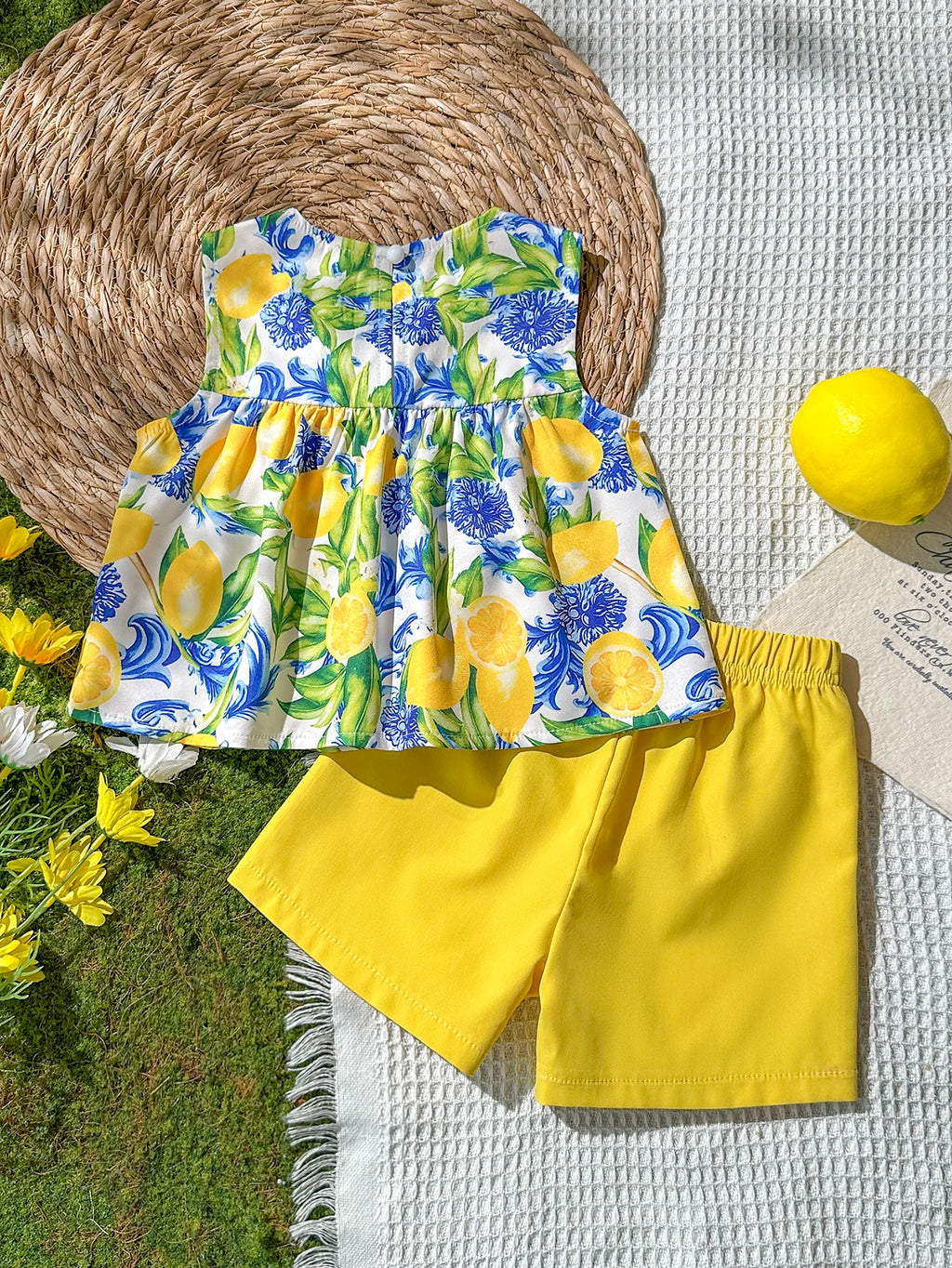 Baby Girl Lemon Floral 2‑Piece Outfit Sleeveless Print Top & Yellow Shorts Set