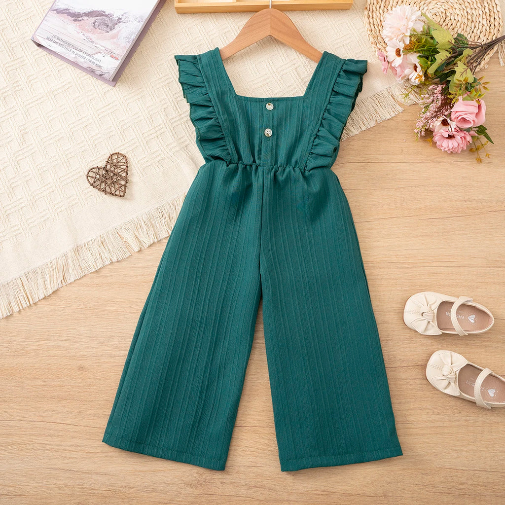 Girls' summer pure-color versatile jumpsuit, ruffle bowknot jumpsuit, princess style jumpsuit, suitable for little girls