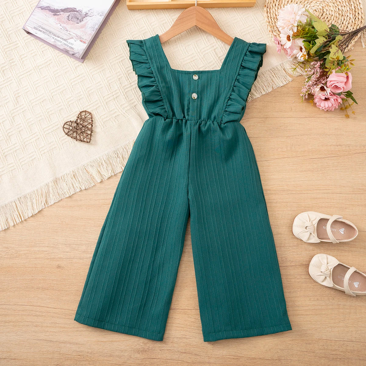 Girls' summer pure-color versatile jumpsuit, ruffle bowknot jumpsuit, princess style jumpsuit, suitable for little girls