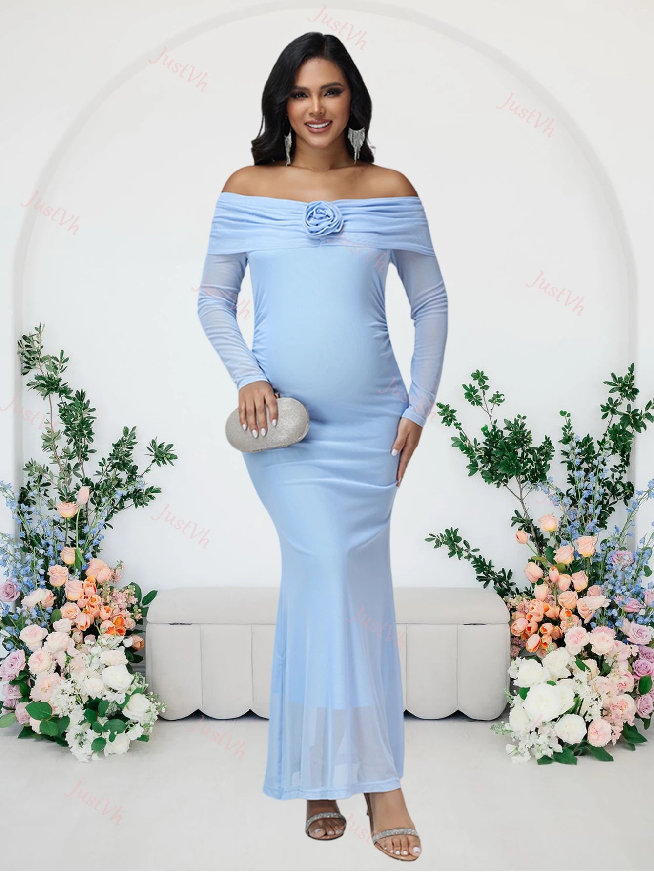 Maternity 3D Floral Off Shoulder Long Sleeve Mesh Long Dress Elegant Fitted Gown for Baby Shower Photoshoot