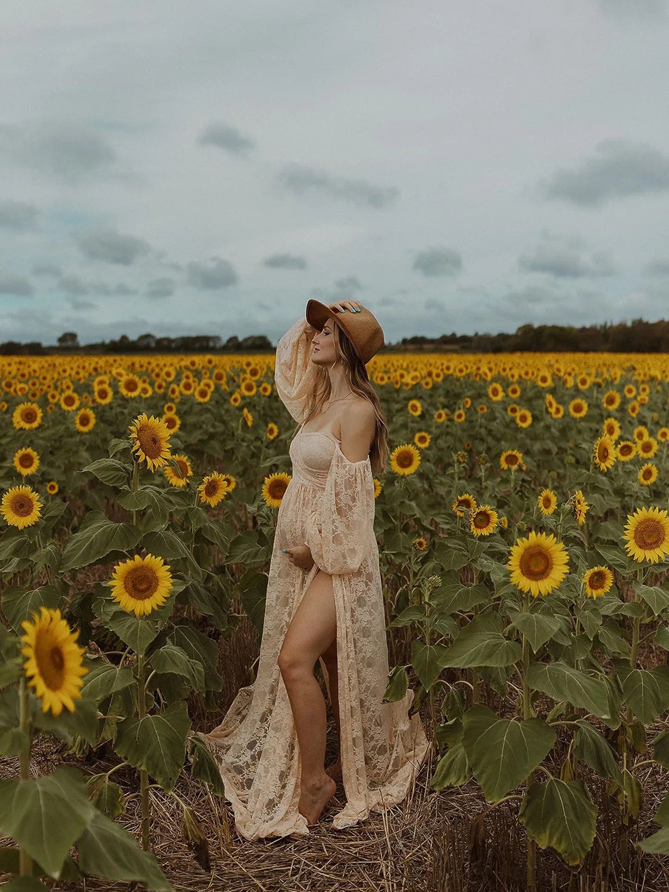 Maternity Dress Soft Stretchy Lace Off Shoulder Doubly Split A line Skirt Pregnancy Maxi Gown for Photoshoot