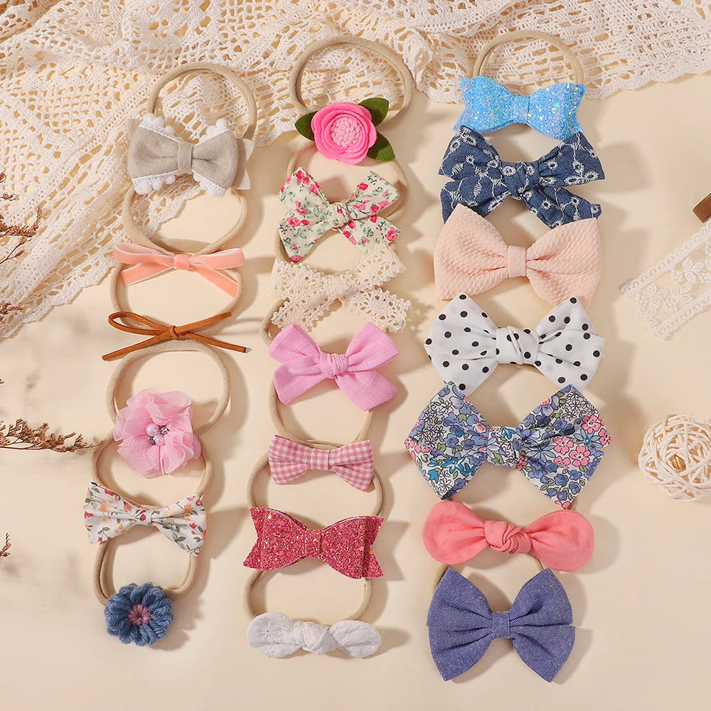 12Pcs/lot A Variety of Butterfly Tie Headband Sets for Children's Sweet Hair Accessories Nylon Elastic Bows Headband for Toddler