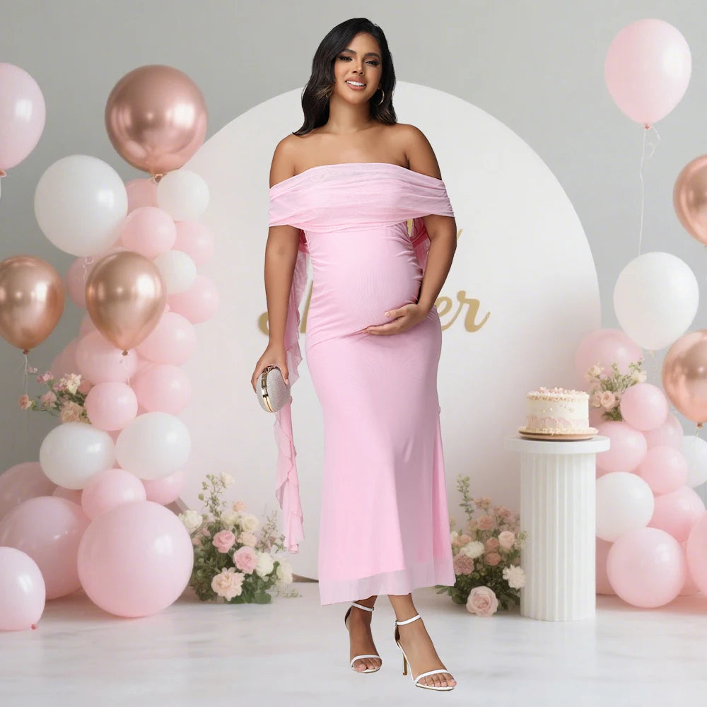 Maternity Mesh Off Shoulder Women‘s Dress for Photoshoot Exquisite Strapless Ruffle Drape Long Gown for Baby Shower
