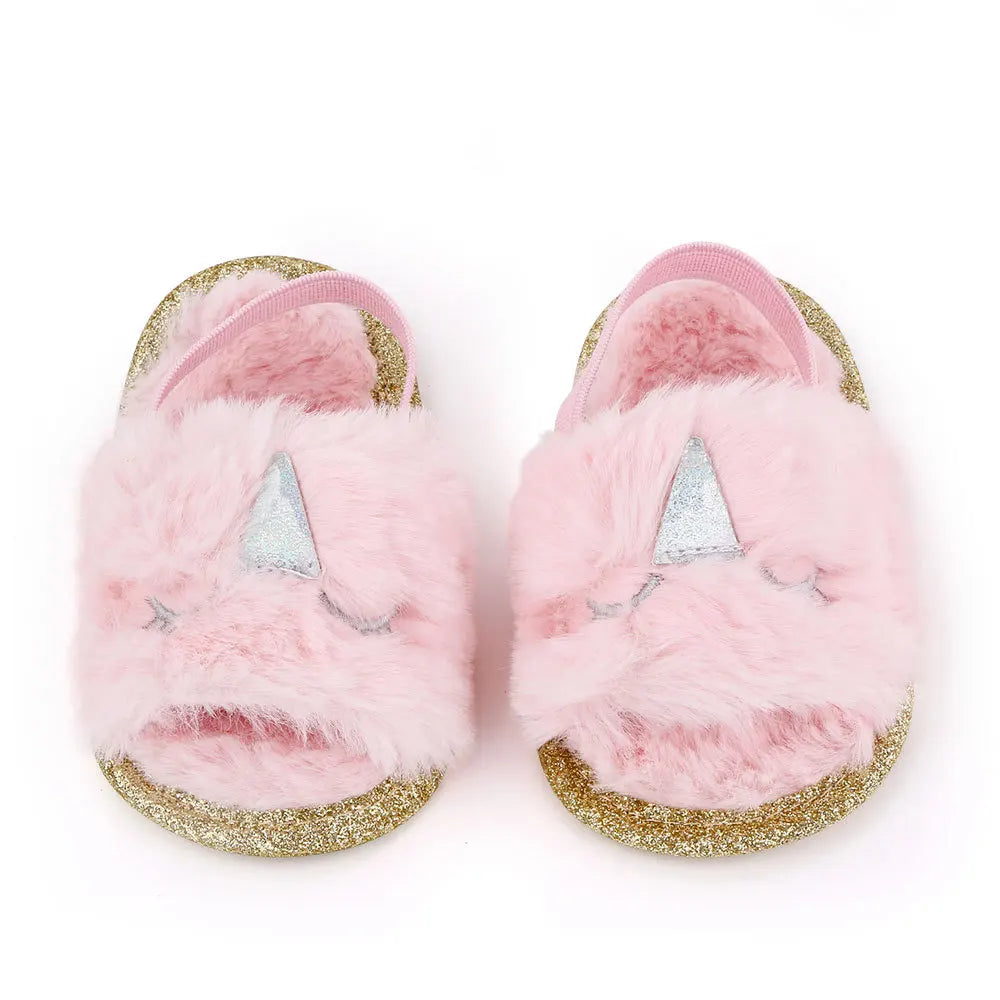 Spring Winter Fashion Multicolor Faux Fur Baby Girl Slipper Non-slip Newborn Cute Infant Toddler Crib Dress Shoes First Walkers