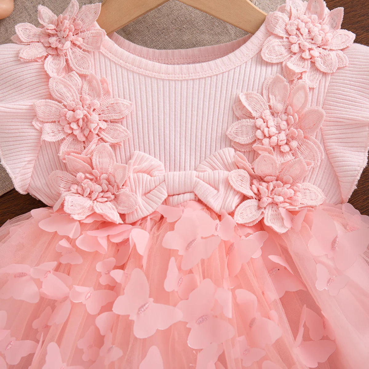 Summer Fashion Solid Color Toddler Princess Fairy Dress Korean Style Sweet Pink Bow Birthday Party Baby Girl Butterfly Dress