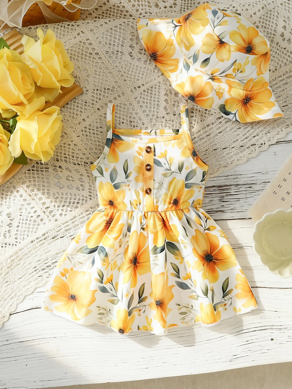 2pcs Summer Baby Girls Yellow Floral Dress Set, Cute Spaghetti Strap Sundress + Bucket Hat, Sweet Style, Daily/Beach Wear, 0-18M
