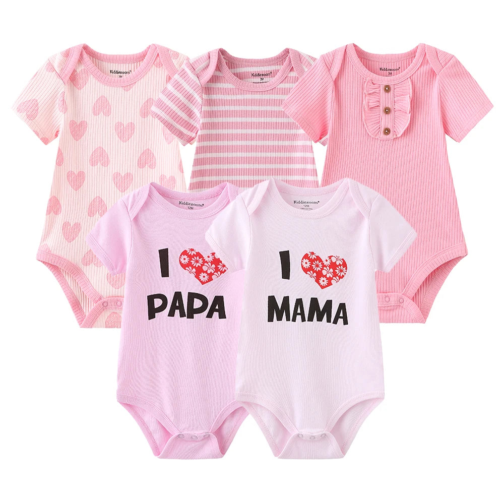 I Love Papa Mama Cartoon Baby Bodysuits 5-Pack Unisex Short Sleeve Onesies 0-12 Months