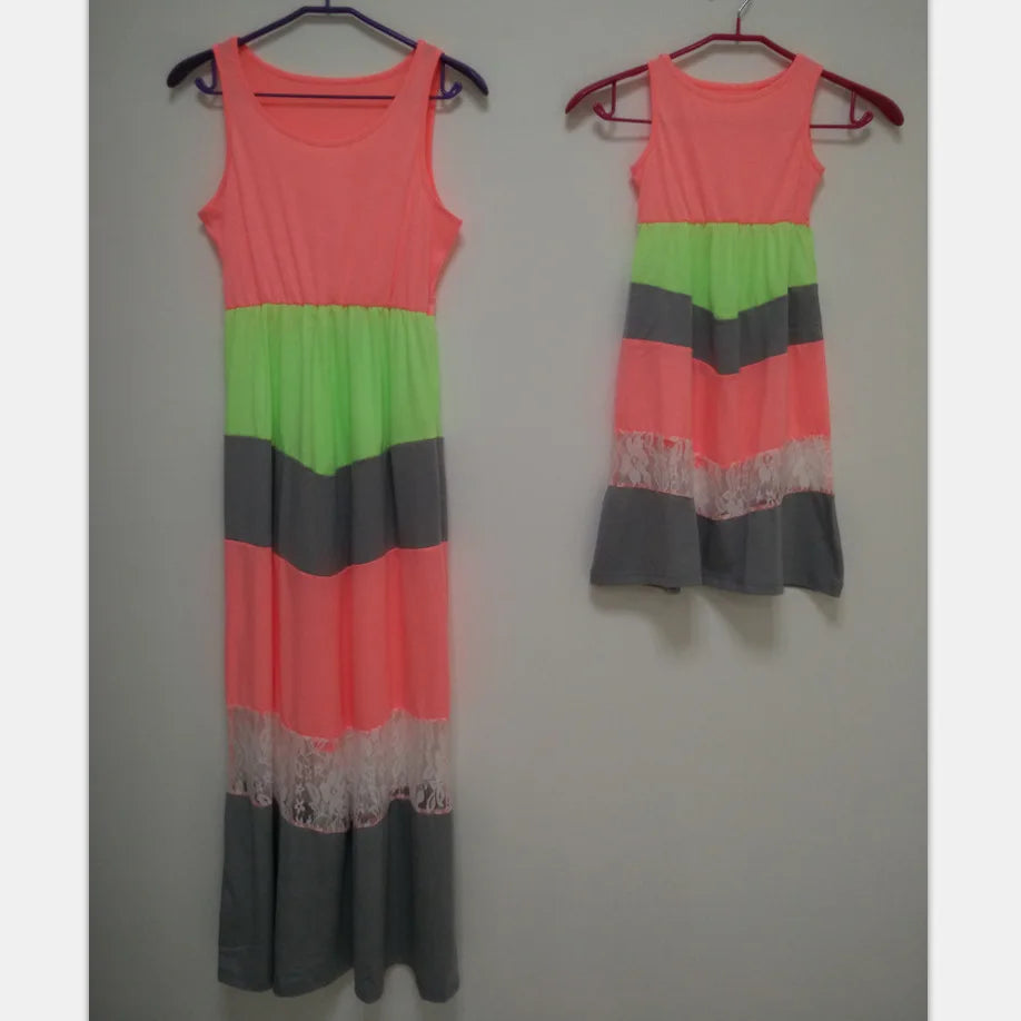 2026 Neon-Coloured Lace Family Matching Mother Daughter Dresses Clothes Striped Mom Dress Kids Child Outfits Mum Sister Baby