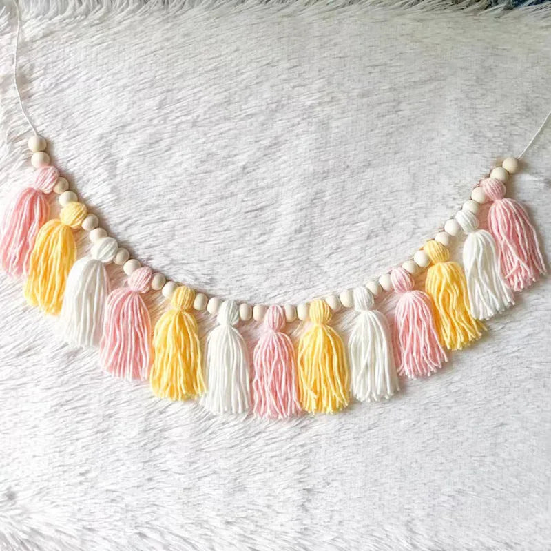 Bohemian Pink and Yellow Tassel Banner for Decoration, Handmade Tassel Garden, Home Children's Room Decoration, Fireplace Banner - Baby World SA