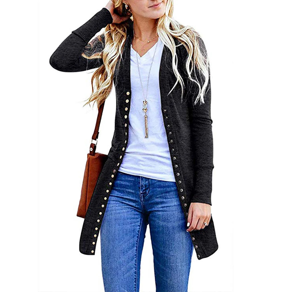 New Fashion Spring Autumn Long Sleeve Pocket Knitted Cardigan Woman Solid Female Long Cardigans