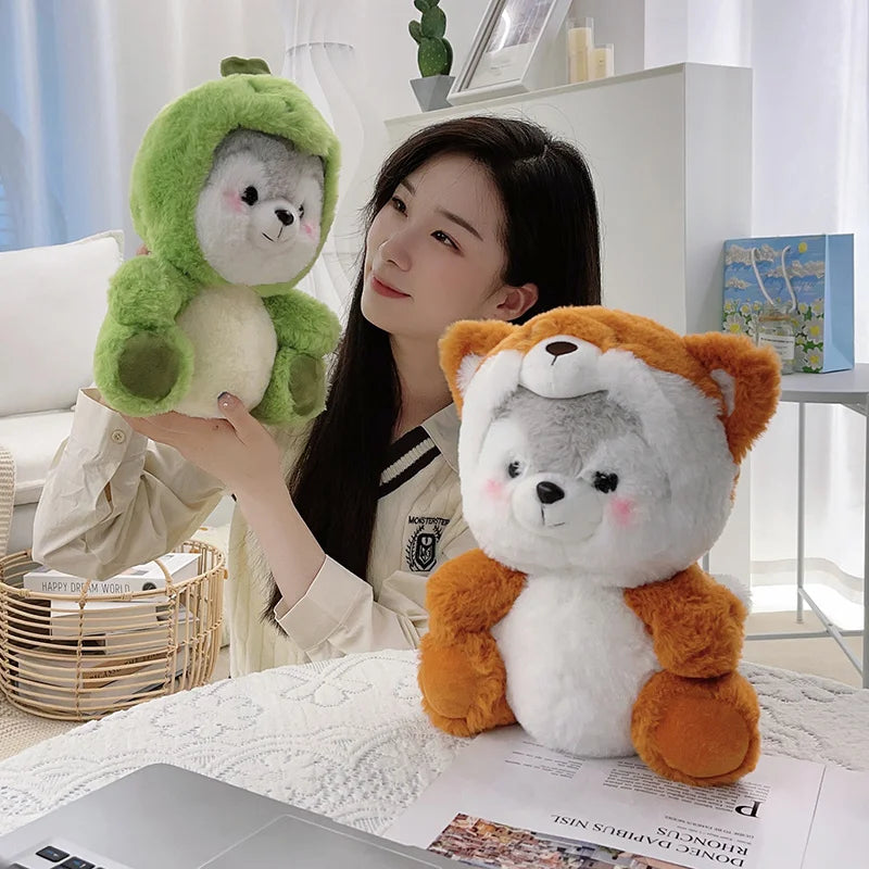 New Creative Cute Husky Dog Plush Toy Stuffed Kawaii Puppy Dog Transform to Pig Koala Dinosaur Fox Cartoon Soft Animal Doll