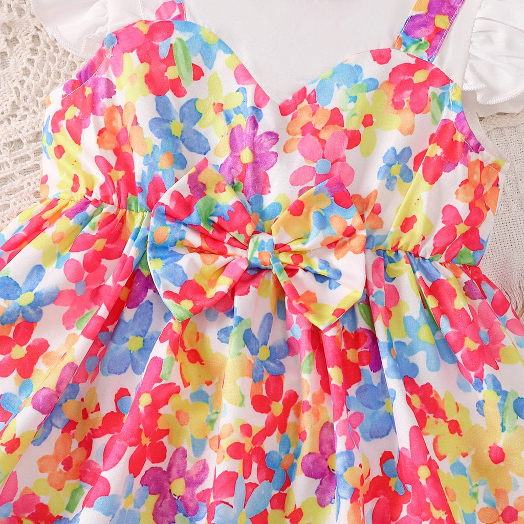0-3 Year Baby girl Dress Round neck Colorful Floral Bow Dress+Headband Set Summer Cute Baby girl Casual Dress Baby clothing