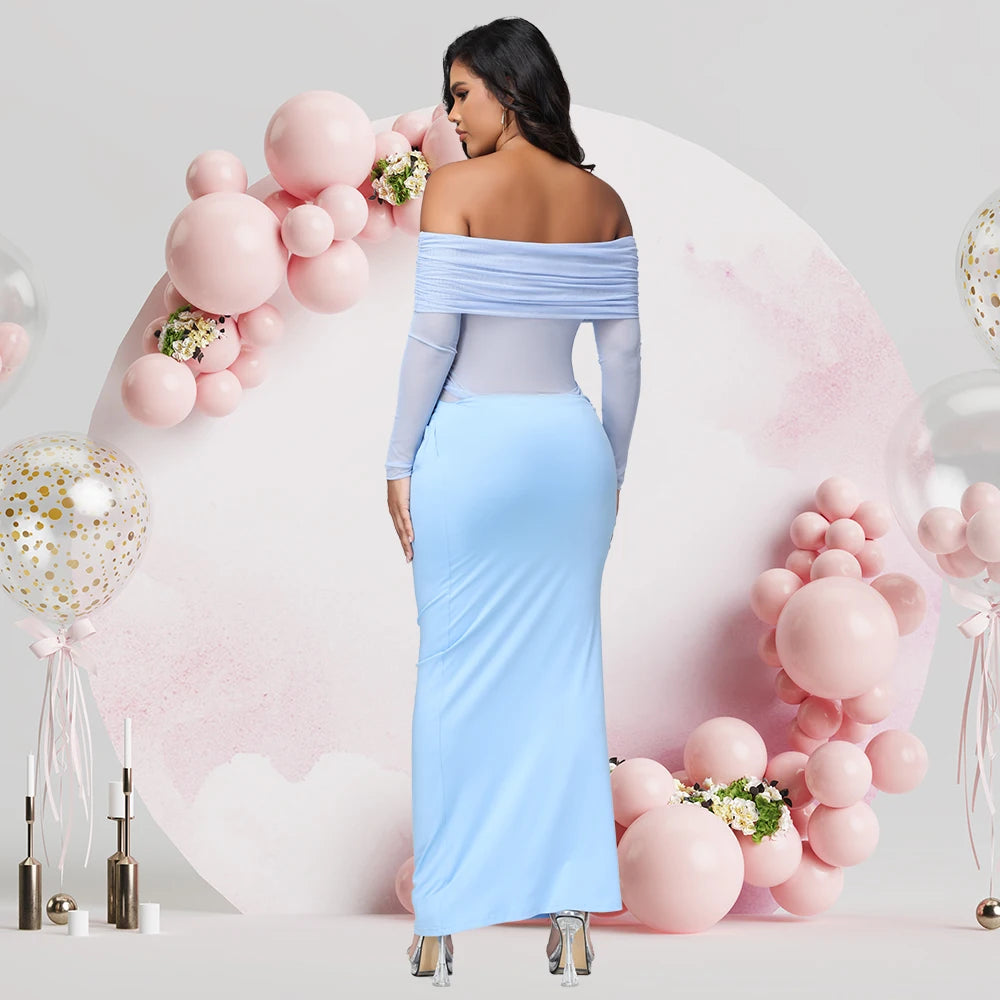 Maternity Long Sleeves off Shoulder Photoshoot Dress Mesh Exposed Belly Women Pregnancy Photography Gown for Baby Shower