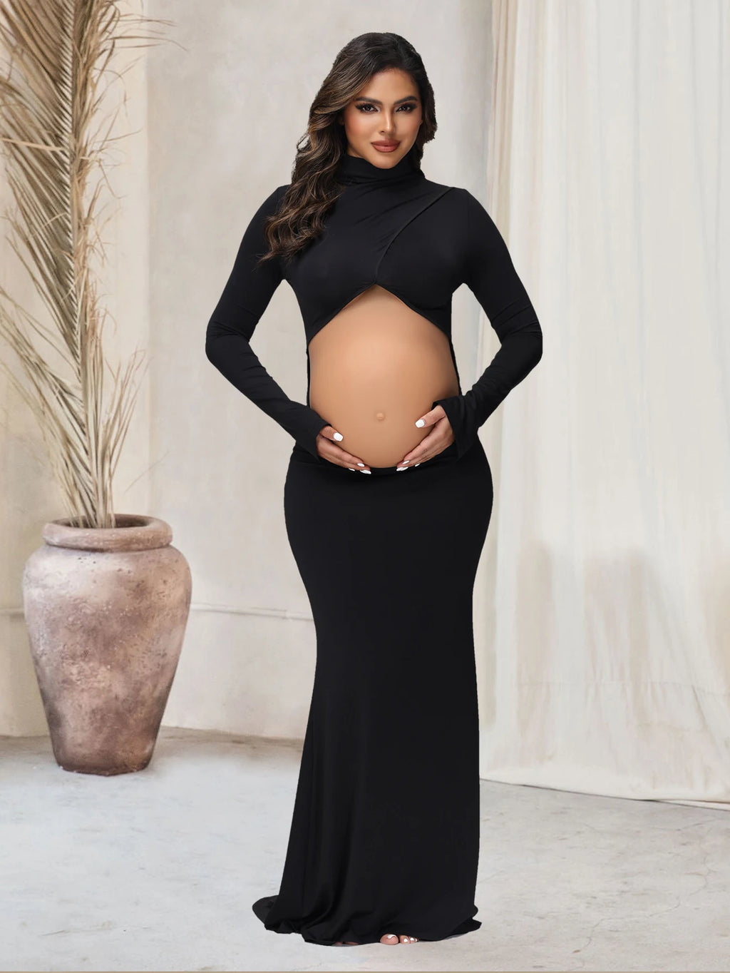 Pregnancy Dress Photography Props Maxi Gown Turtleneck Full Sleeve Cut Out Belly Bodycon Maternity PhotoShoot For Baby Shower