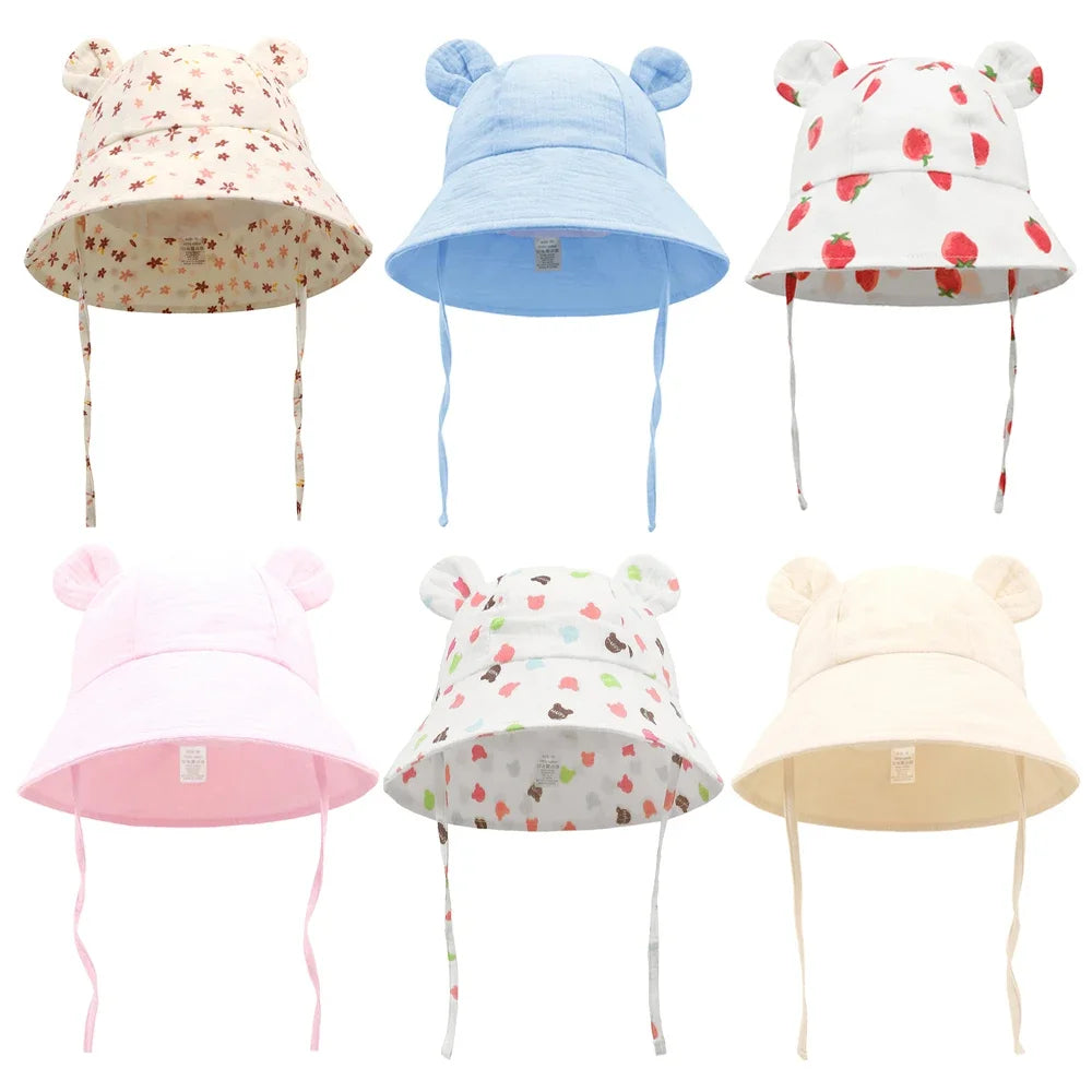Muslin Baby Sun Hat Cartoon Print Kids Cap for Girls Boys 100% Cotton Toddler Summer Hats Children Panama Baby Cap 1-3Y