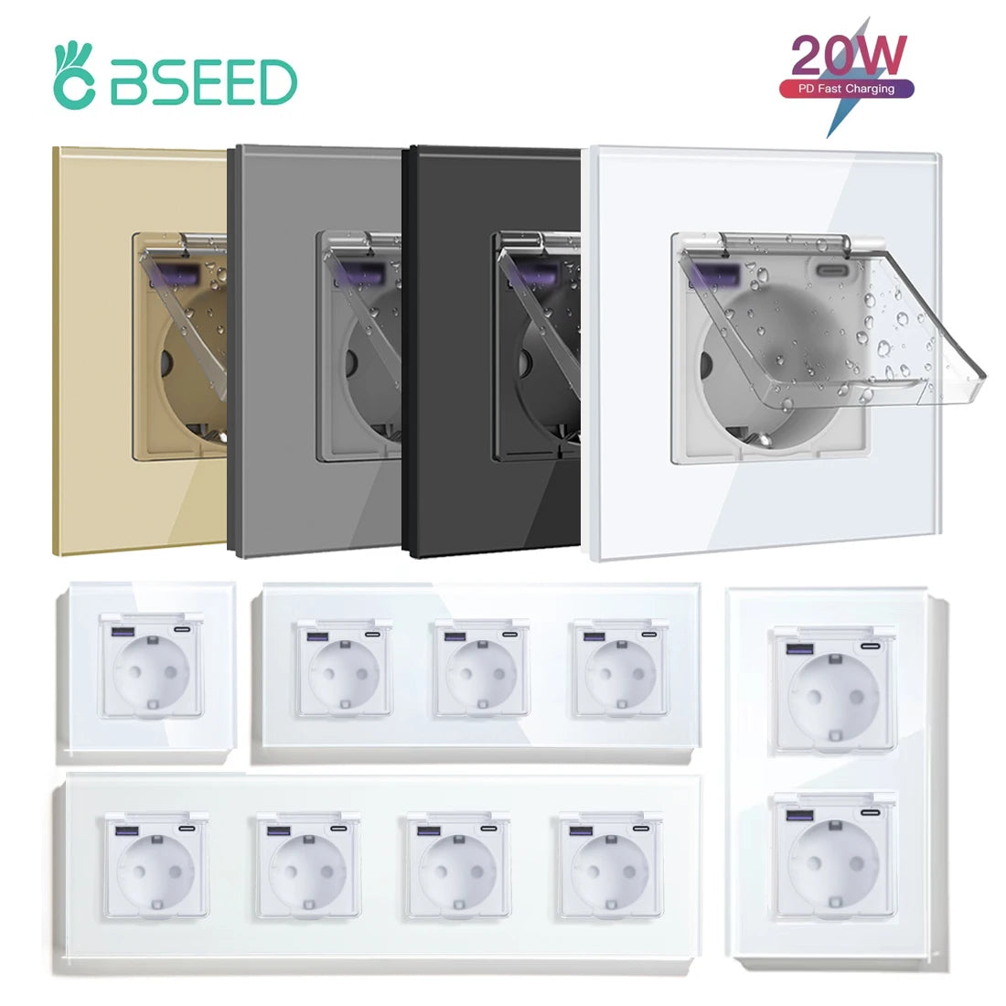 BSEED Sinlge EU Wall Socket With Type-c USB 20W Waterproof Cover Double Triple Power Sockets For Bathroom Outdoors Glass Frames