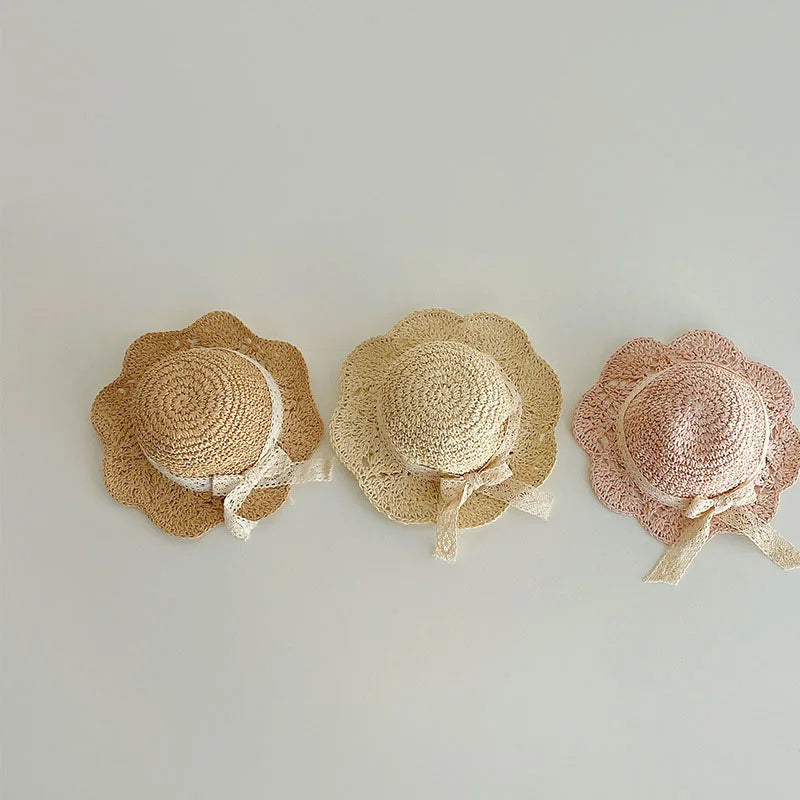 Lace Bow Girl Straw Hat Baby Summer Sun Hats Travel Beach Kids Large Brim Fisherman Cap 2-5Year Children Sunscreen Bucket Caps