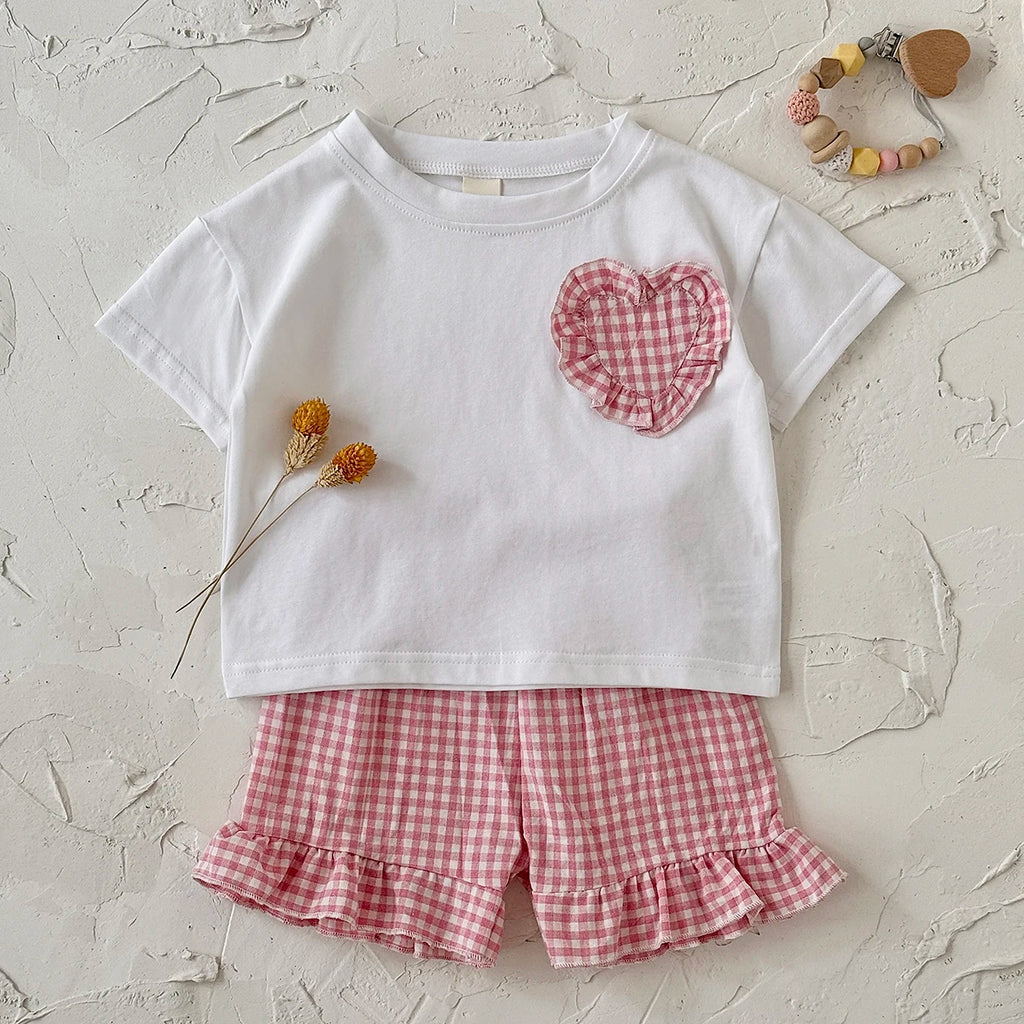 0-3Y Toddler Infant Kid Baby Girl Clothes Sets Soft Short Sleeve T-Shirt Heart Shaped Sticker Tops Striped Shorts