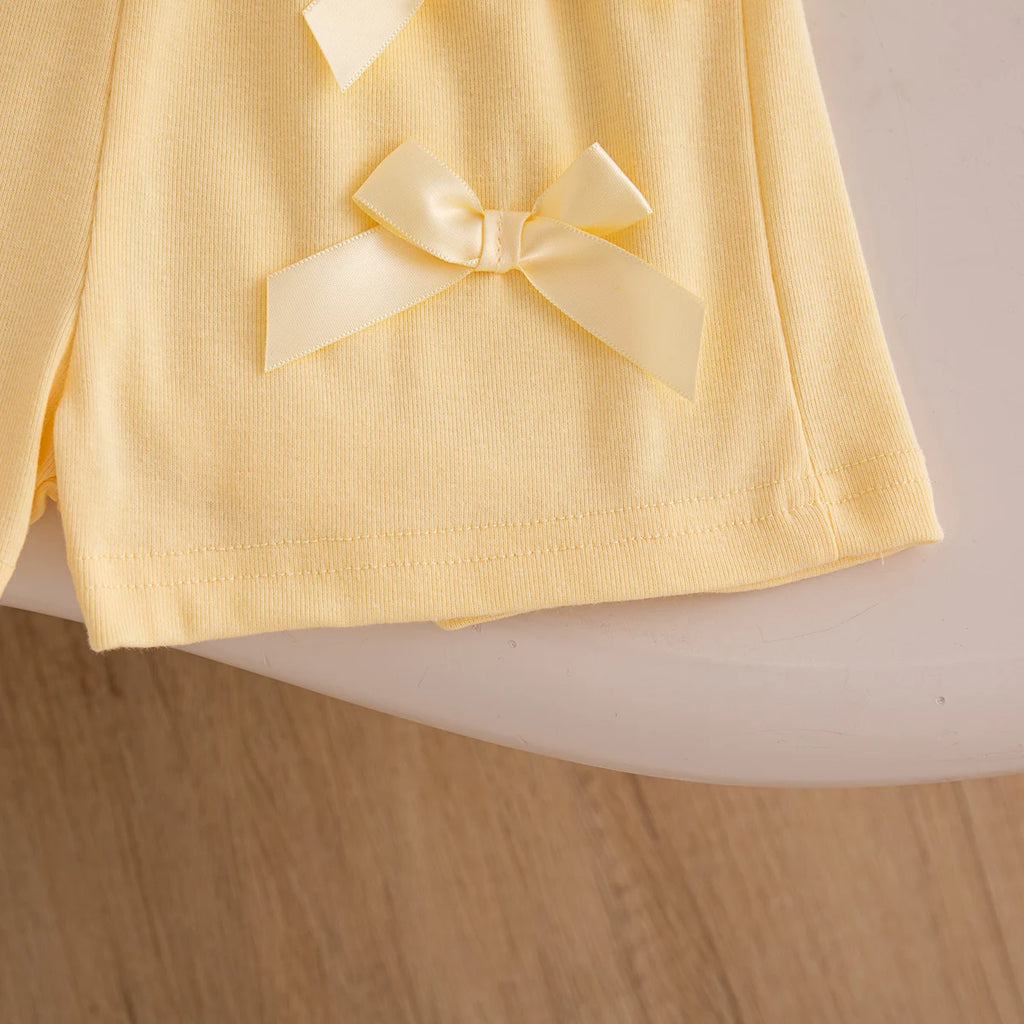 Baby Girl Set Summer Solid-Color Bow Short-Sleeve Top and Shorts Baby Girl Clothes Cute Beach Baby Outfit Set