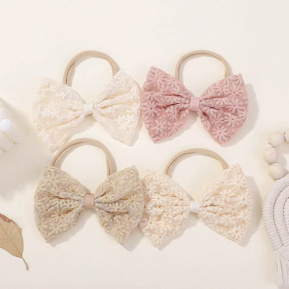 4Pcs 4.5 Inch Big Bows Hair Nylon Band for Baby Rural Style Daisy Embroidery Butterfly Bow Headband Sweet Headdress